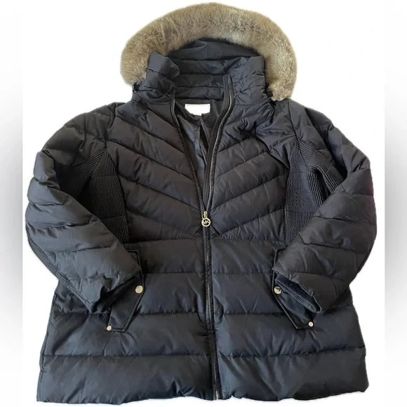 Michael Kors Women Down Coat Puffer Faux Fur Trim Hooded Plus 1X Black Gold - Picture 2 of 11
